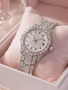 Women's Quartz Watch, Luxurious Full Diamond Watch, Rhinestone Watches, Elegant Fashion Small Watch with Calendar and Luminous Hands, All Seasons Analog Round Face, Fashionable Analog Watch, Quartz Wristwatch