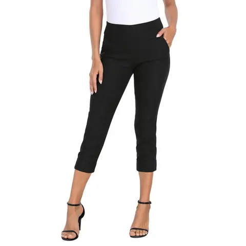 HDE Women's Basic Classy Fitted Stretch Pull-On Cropped Capri Bottoms - Mid-Rise Straight Leg, Dressy Pockets, Business Casual Office Wear