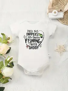 100% pure cotton baby jumpsuit with fishing pattern print and letter print, soft and casual round neck baby jumpsuit