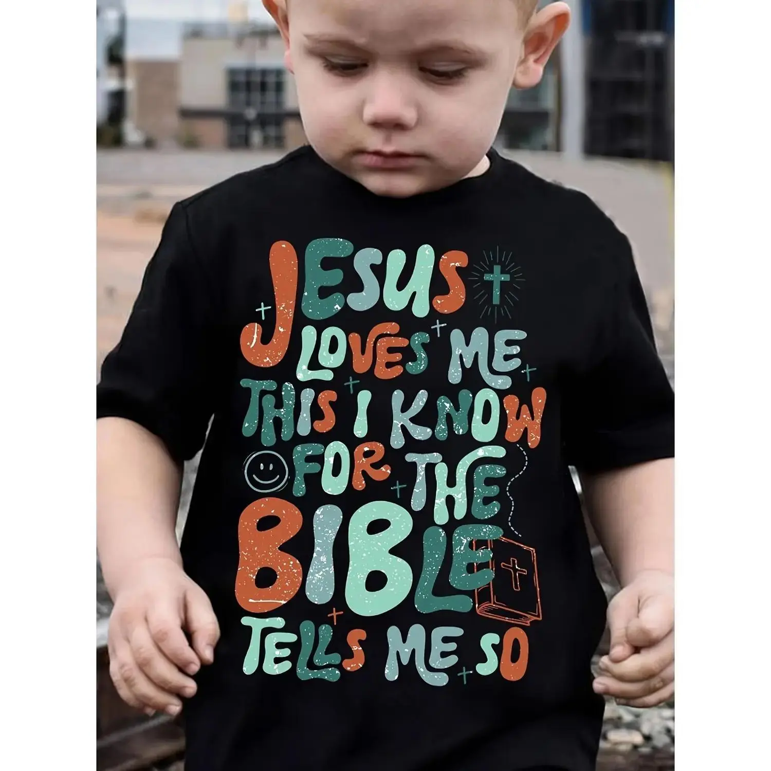 Boys' 100% Cotton Crew Neck Casual Graphic Shirt - "Jesus Loves Me This I Know" Colorful Letter Print, Short Sleeve All-Season Kids' Tops