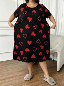 Women's Plus Size Heart skirt Heart Print Sleep Dress, Casual Comfort Round Neck Short Sleeve Pajama, Summer Sleepwear and Home Wear, Maternity nightgown, Maternity dress, Plus Size nightgown, Mother'Day Gift