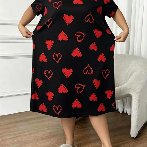 Women's Plus Size Heart skirt Heart Print Sleep Dress, Loungewear House Dress, Casual Comfort Round Neck Short Sleeve Pajama, Summer Sleepwear and Home Wear, Maternity nightgown, Maternity dress, Plus Size nightgown, Mother'Day Gift