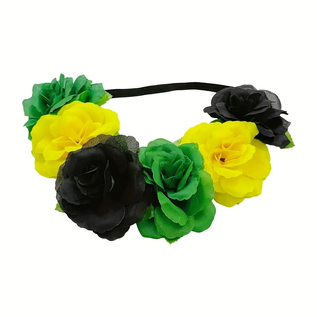Black Green Yellow Rose Flower Crown Headband for Women, Jamaica Color Elastic Floral Hairband for Festivals, Beach and Photo Shoots