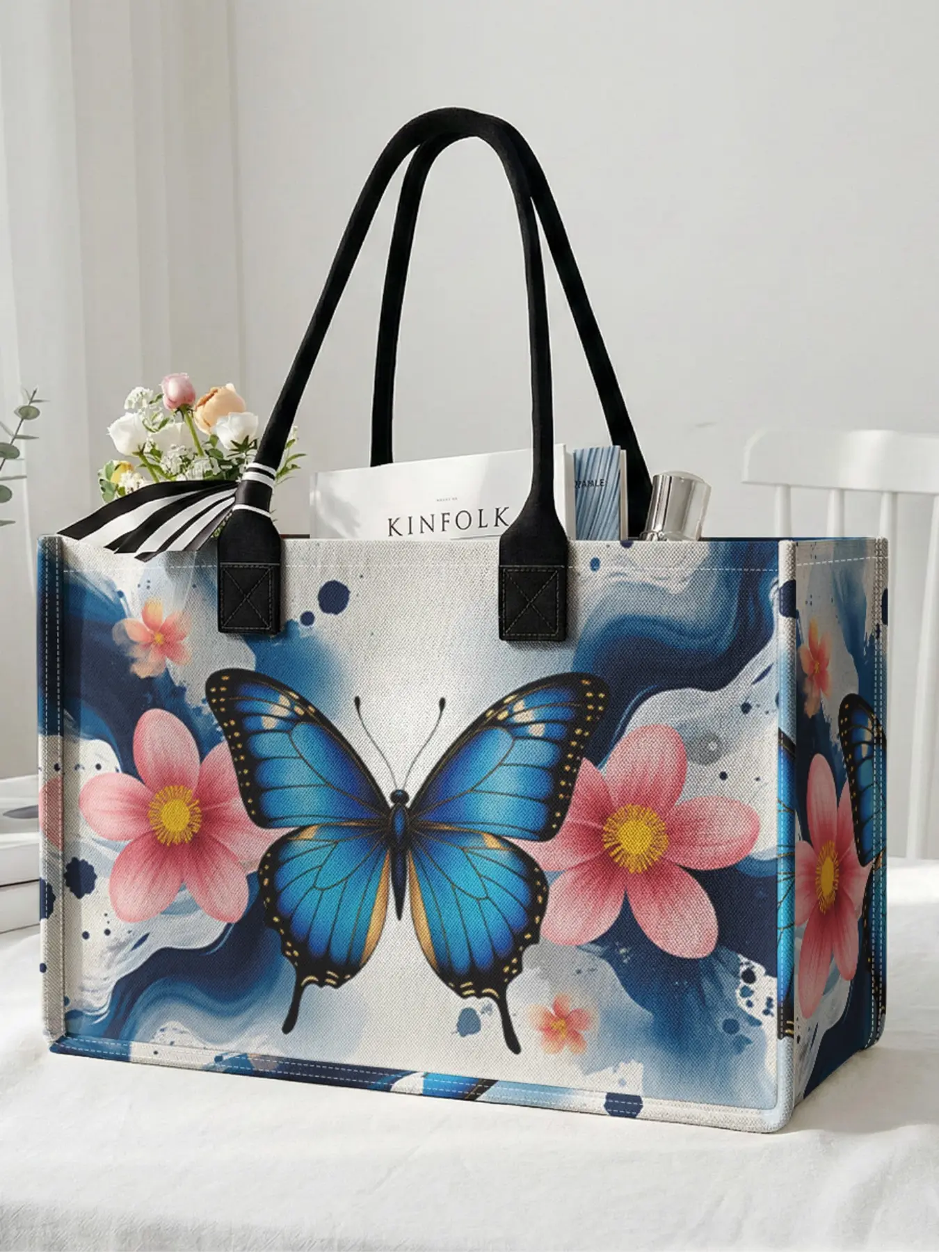 1 piece of 2D printed large-capacity storage bag with a blue butterfly and pink flower pattern, Reusable Shopping Tote Bags, sturdy handle, space-saving and versatile, suitable for school, business trips, shopping