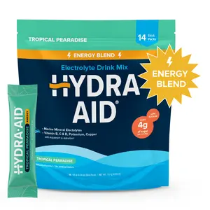 Hydra Aid Energy - Tropical Pearadise | Hydration Powder Drink Mix | Caffeine | Marine-Mineral Electrolytes, Vitamins B+C+D, Low Sodium | 14 Stick Packs  | Vegan, Non-GMO, Gluten Free