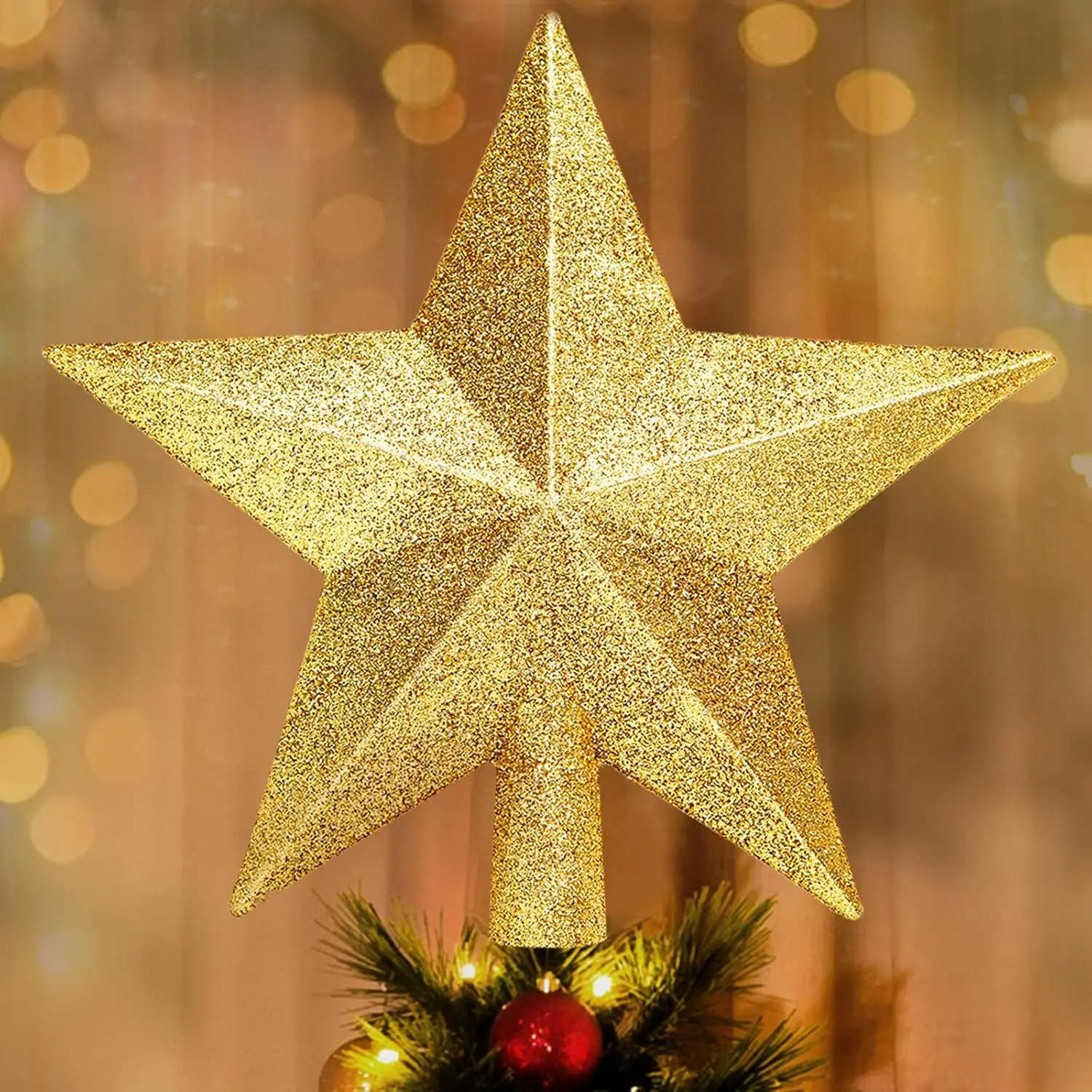 Glitter Christmas Star Tree Topper 8 Inch Gold Shatterproof for Holiday Decorations Indoor Outdoor Party Home Ornament