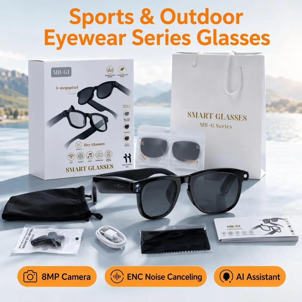 Unisex Classic Glossy Series8 Sports & Outdoor Eyewear - 8MP Smart Glasses, Bluetooth V5.3, ENC Noise Reduction, Interchangeable, 1-Size Fit, Hand-Free Call & Meeting Record for Office, Outdoor Use