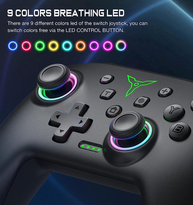 ESYWEN Wireless Switch Controller for Switch/Lite/OLED & Wired PC Programmable TURBO Wakeup 9 Color Breathing LEDs 1000mAh Battery USB-C Charging