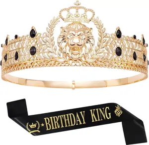 King Crown and Birthday Sash, King Crown for Men,Gold Men's Tiara Prince Diadem,Royal Medieval Cosplay Birthday Prom Halloween Hair AccessoriesGift.