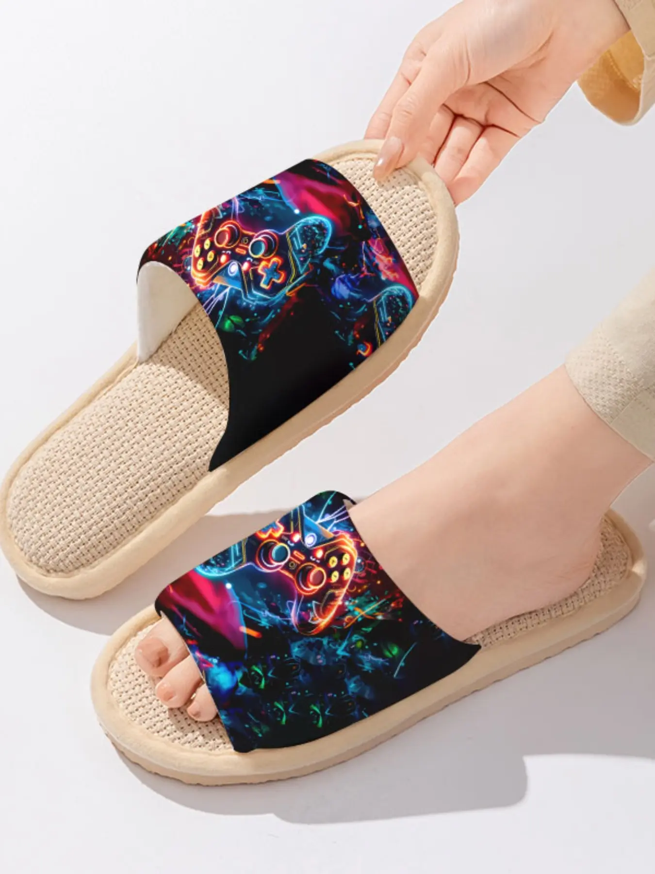 Cyber Neon Game Controller Pattern | Trendy Gamer Style 1 Pair Linen Breathable Non-Slip Sweat-Absorbent Home Slippers For Gamers/Trendy Men & Women (Spring Summer/Gaming Room/Lounging)