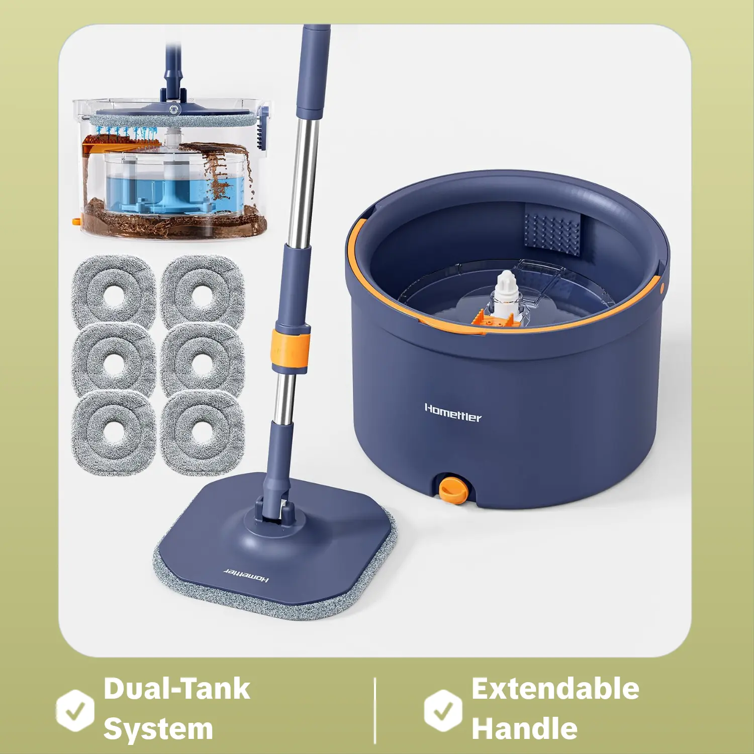 HOMETTLER Bucket-Based Wet-Dry Microfiber Spin Mop & Separate Tank Set - Detachable Wringer, 30-63" Stainless Adjustable Handle, Hands-Free Cleaning, Deep-Cleaning for Floors/Baseboards, Includes 6 Pads