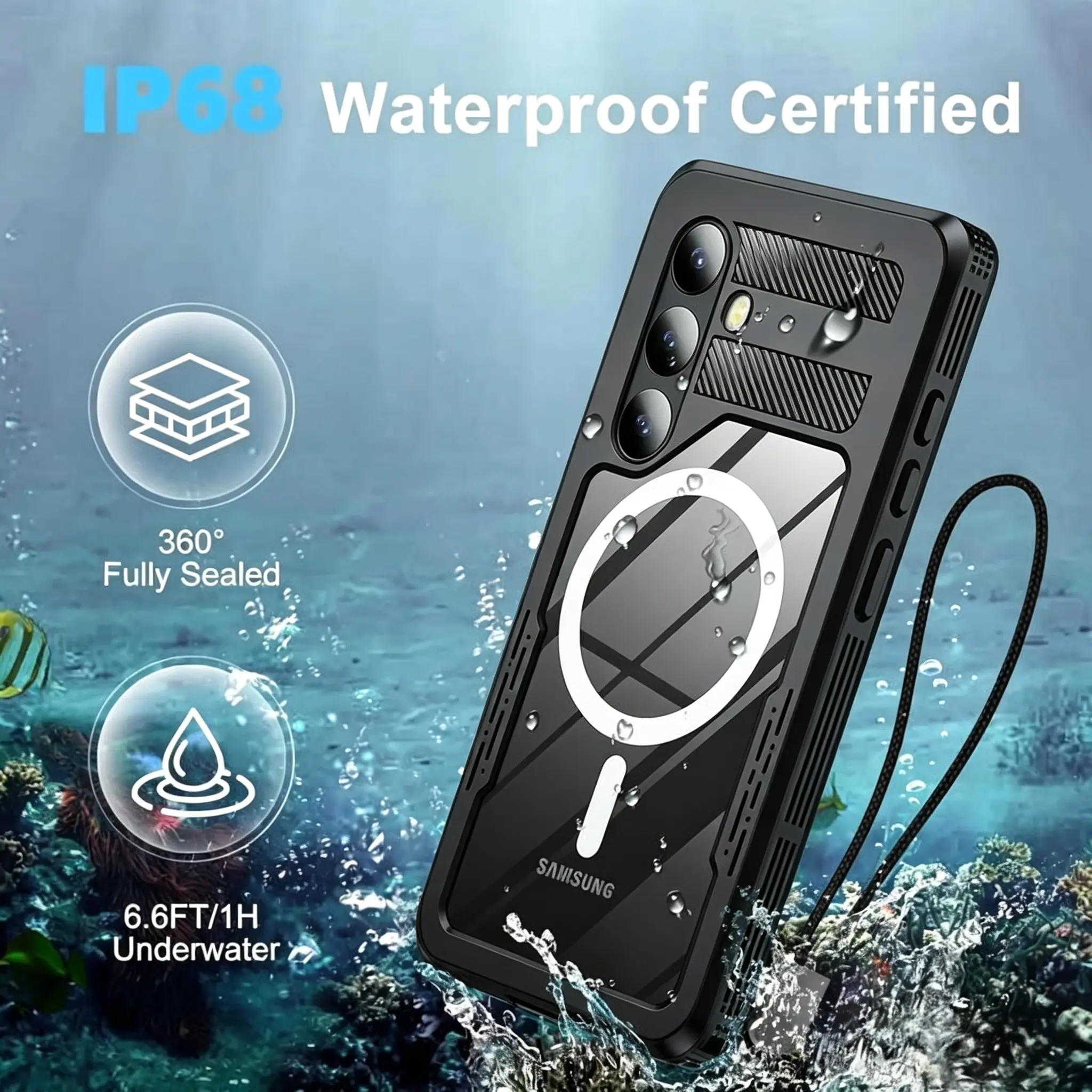 AuraGadget IP68 Waterproof MagSafe Smartphone Case for Samsung Galaxy S25 Ultra (Teal) - 12FT Underwater, Military Shockproof, Built-In Screen & Lens Protector, Full Body Coverage, Fingerprint-Accessible, Easy-Install Handheld Cellphone Wireless Accessory