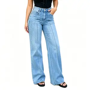 Women's High-Waisted Stretchy Denim Jeans - Straight Leg, Baggy Wide Leg Fit, Casual Comfort, Light Wash - Womenswear Bottoms