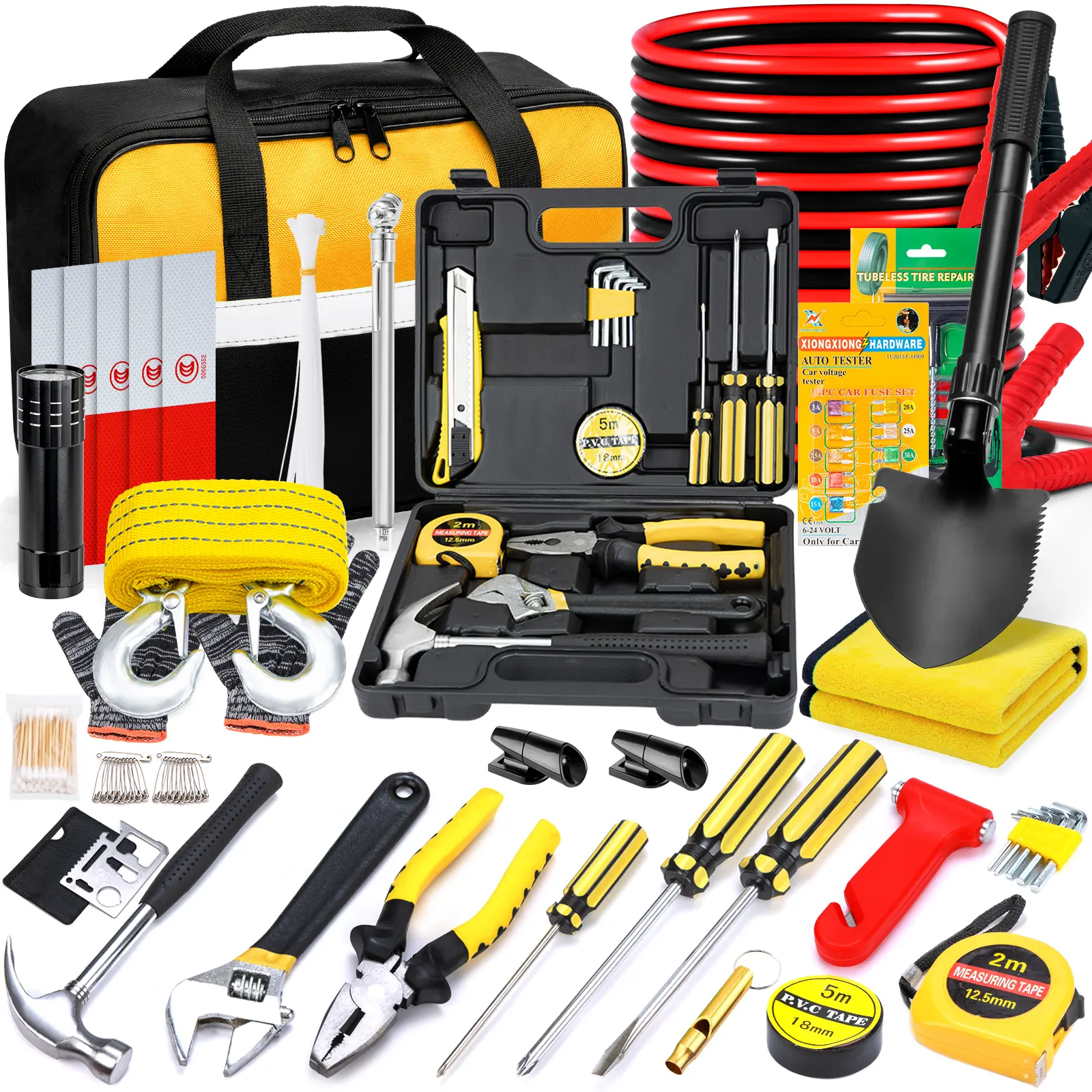 Car Emergency Tool Kit with Jumper Cables, Deer Whistle, Folding Shovel – Automotive Breakdown Assistance Escape Kit, Holiday Gift for Family