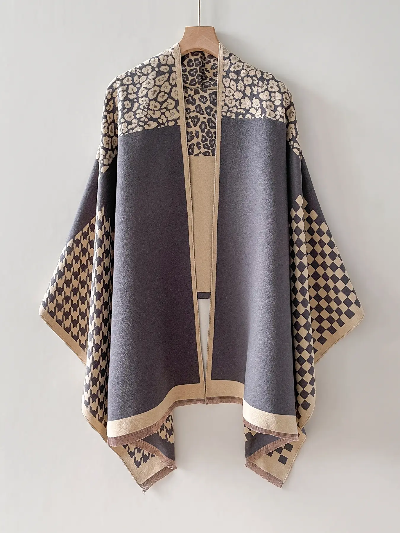 Unisex Leopard & Houndstooth Print Shawl Wrap, Unique Print Scarf, Soft Warm Casual Scarf, Thick Woven Scarf, Gender Neutral, Trendy Accessory, Distinctive Look, Fashion Accessory for Fall Winter, Perfect Birthday Gift, Gift Option