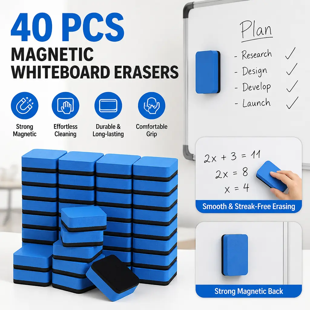 40-Pack Magnetic Whiteboard Erasers - Streak-Free Dry Erase Board Wipers, Kitchen Specialty Utensil Accessory for Teachers, Parents, Classroom, Game Room, Dorm