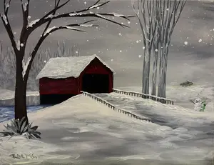 Covered Bridge and Aliens - Original Acrylic Painting by Raette 16"x20" Unframed, Hanging Wire Attached for Easy Hanging Alien Art Winter Scene
