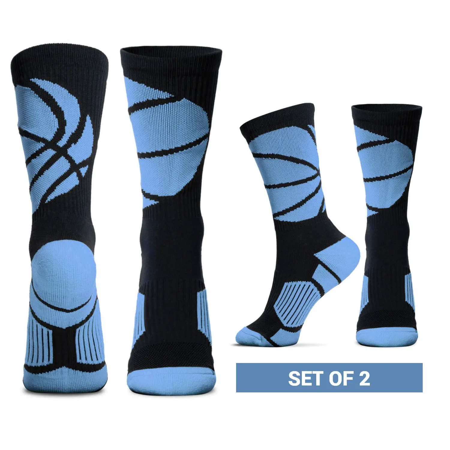 Court Grade Basketball Woven Mid-Calf Sock Set - Ball Wrap (Black/Carolina Blue), Moisture-Wick Dry Feet Solution, Performance Athletic High Impact Sports Socks with Supportive Arch Band, Activity Wear, Adults