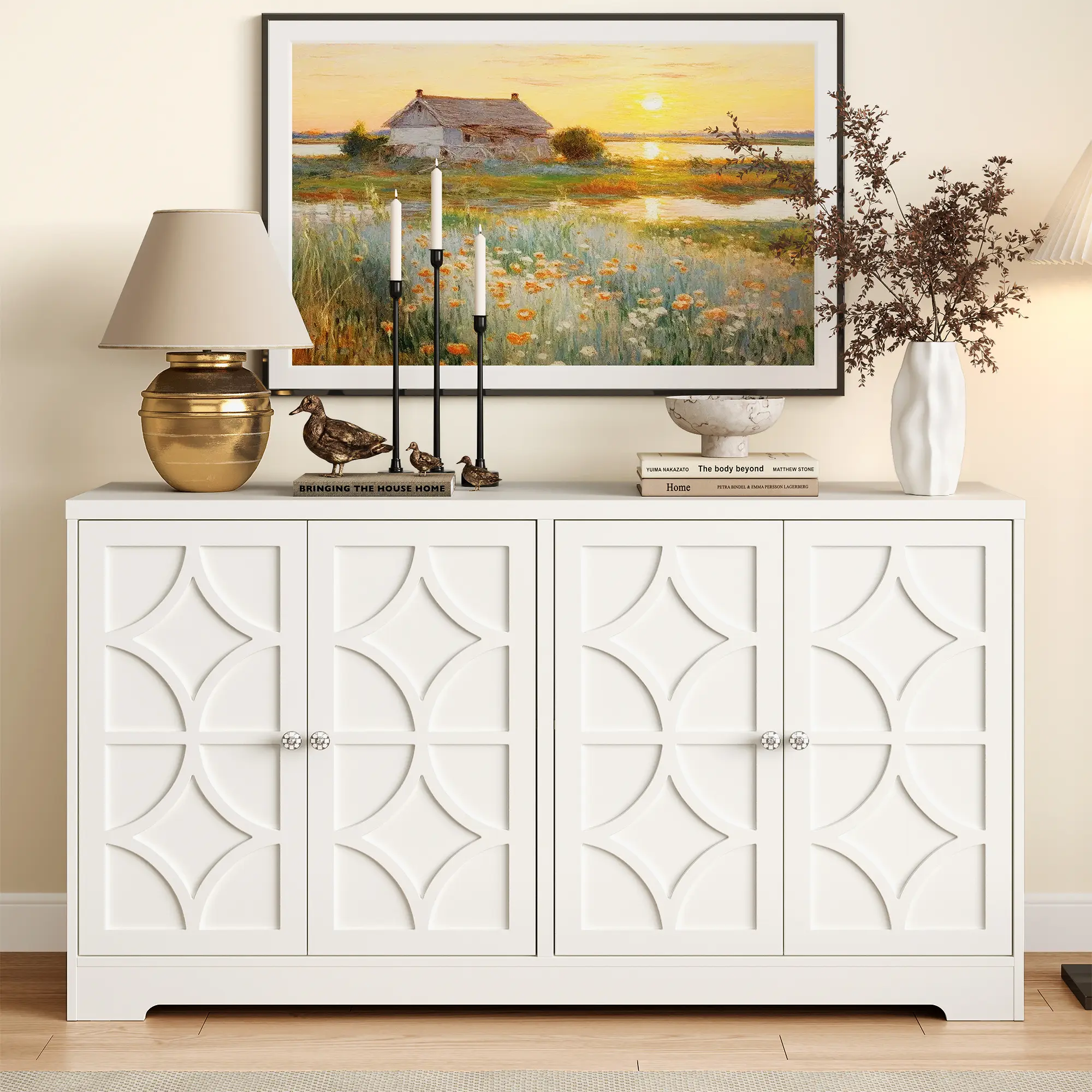 RoyalCraft L Sideboard Buffet with 4 Doors, Mid-Century Sideboard Cabinet with Adjustable Shelves, Accent Cabinet for Entryway, Living Room, Dining Room