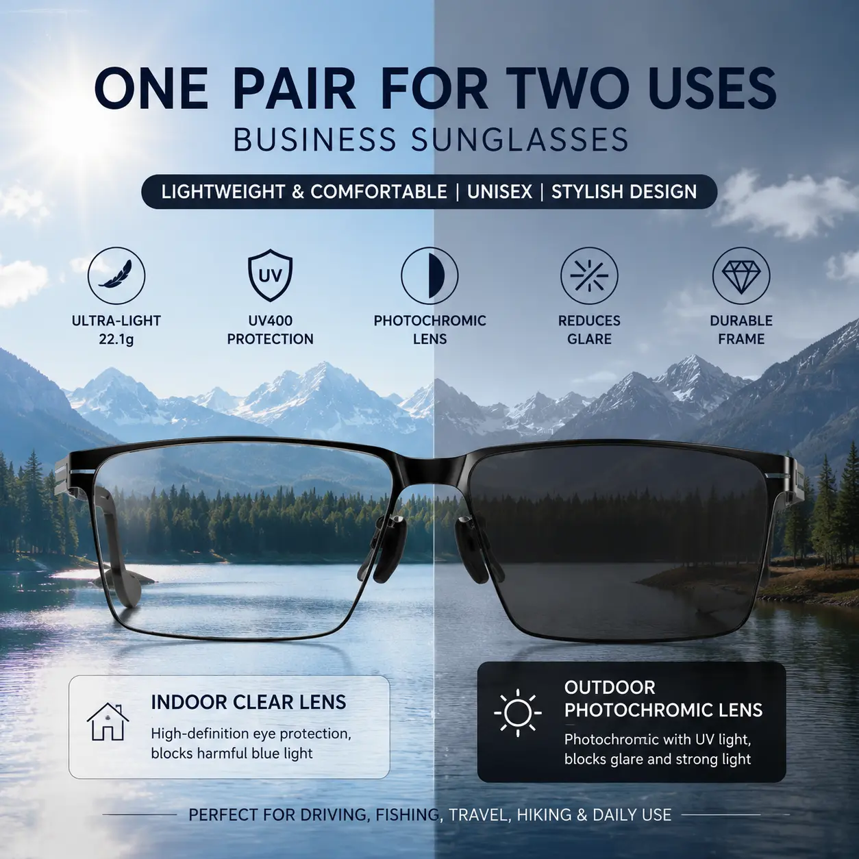 Photochromic Polarized Sunglasses for Men, UV400 Adaptive Transition Lens, Lightweight 22.7g Frame, Anti Glare Driving Outdoor Glasses