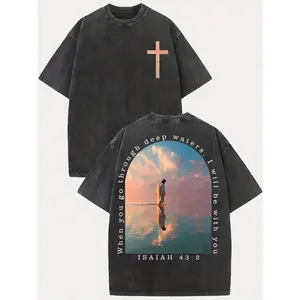 Cross & Isaiah Verse Design 230g Washed Cotton T-Shirt Retro Streetwear Double-Sided Print Pattern Men's T-Shirt Distressed Summer Wear Drop-Shoulder y2k,Vintage,Streetwear Christmas heavyweight pure cotton t-shirt