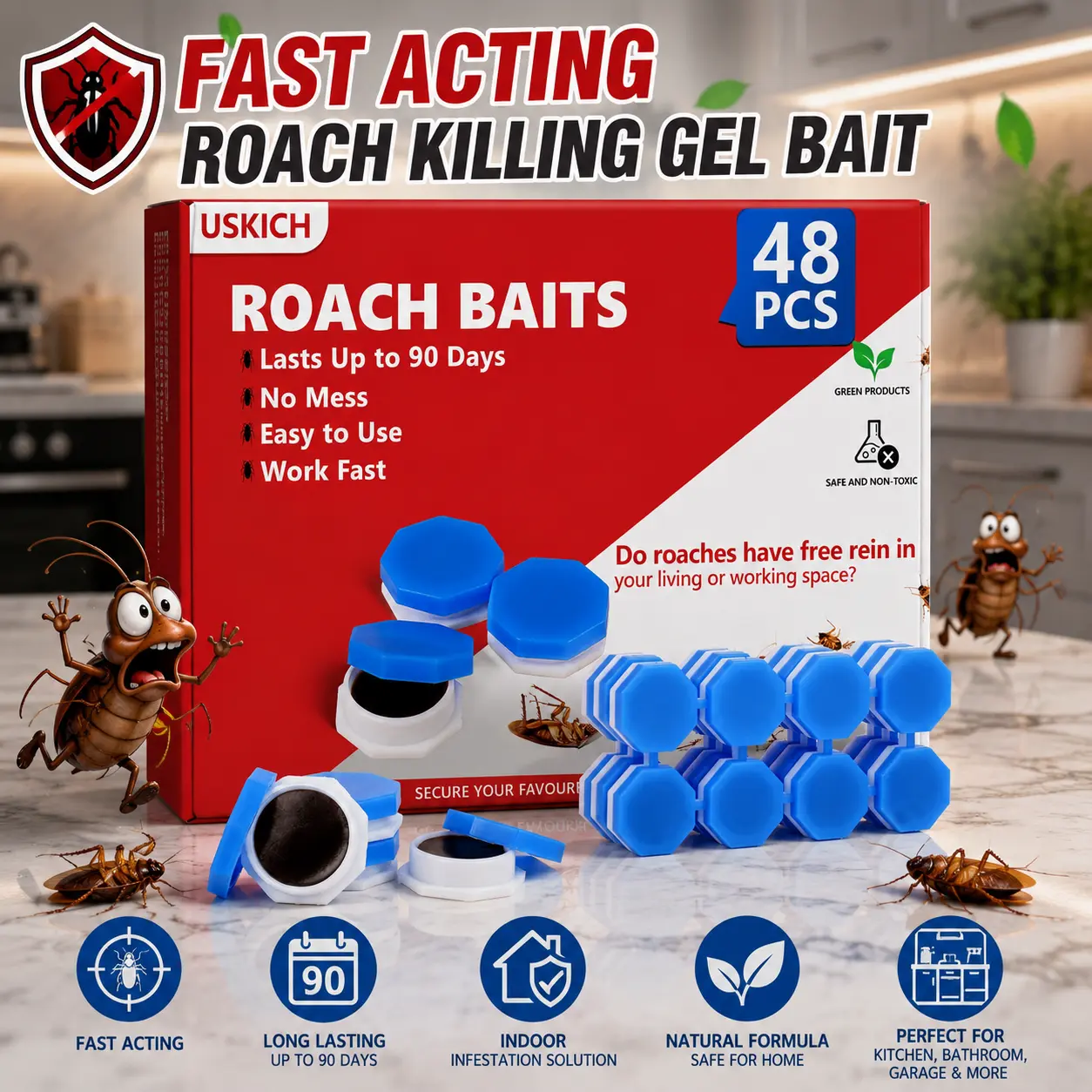 48Pack Roach Gel Bait,Roach Repellent for Home - Fast Acting Cockroach Killer Gel,Roach Killer Indoor Infestation Solution,Long Lasting Natural Roaches Control for Kitchen, Bathroom, Garage