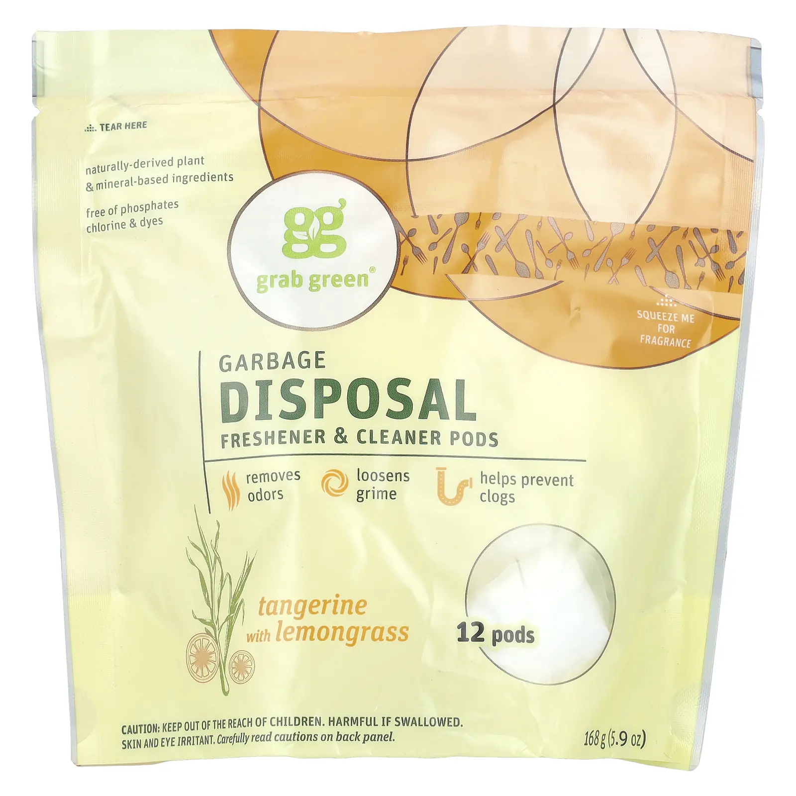 Grab Green Garbage Disposal Freshener & Cleaner Pods, Tangerine with Lemongrass, 12 Pods, 5.9 oz (168 g)