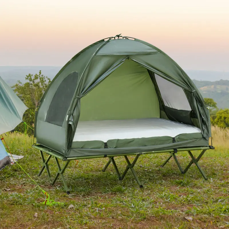 Outsunny 4-In-1 2-Person Foldable Oxford Tent-Bed Set - Glamping Backpacking Inflatable Camping Tent, Quick Inflate Bed, Bedspread, Sun Protection Elevated Outdoor Furniture for Camping, Hiking, Glamping Tent
