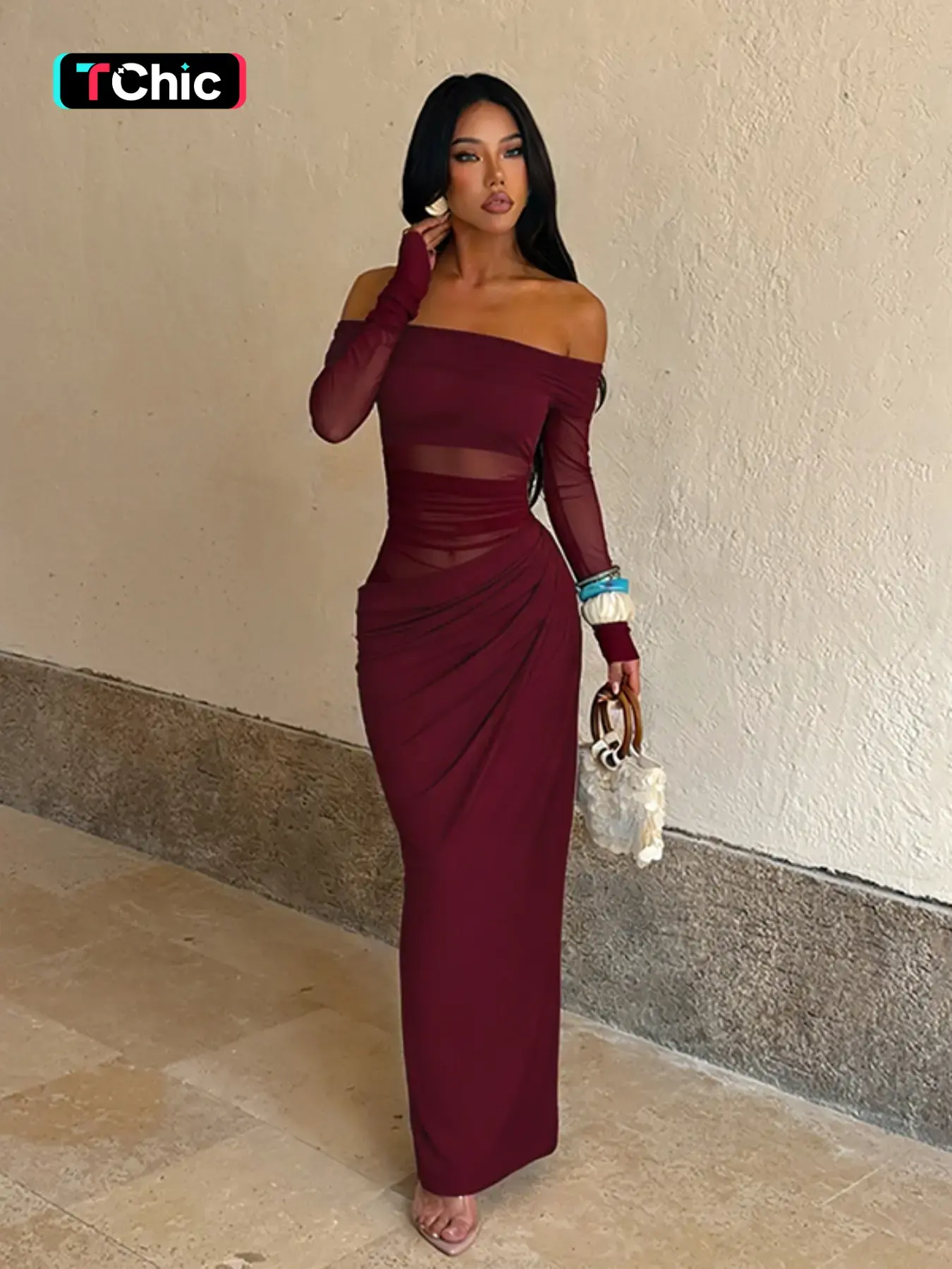 Women's Plain Off Shoulder Ruched Sheer Mesh Dress, 2025 Elegant Long  Sleeve Long Dress for Party Banquet, Ladies Summer Clothes - TikTok Shop