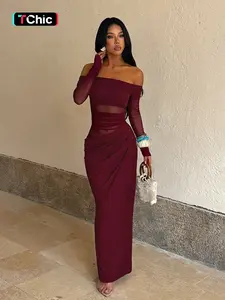 Women's Plain Off Shoulder Ruched Sheer Mesh Dress, 2025 Elegant Long Sleeve Long Dress for Party Banquet, Ladies Summer Clothes