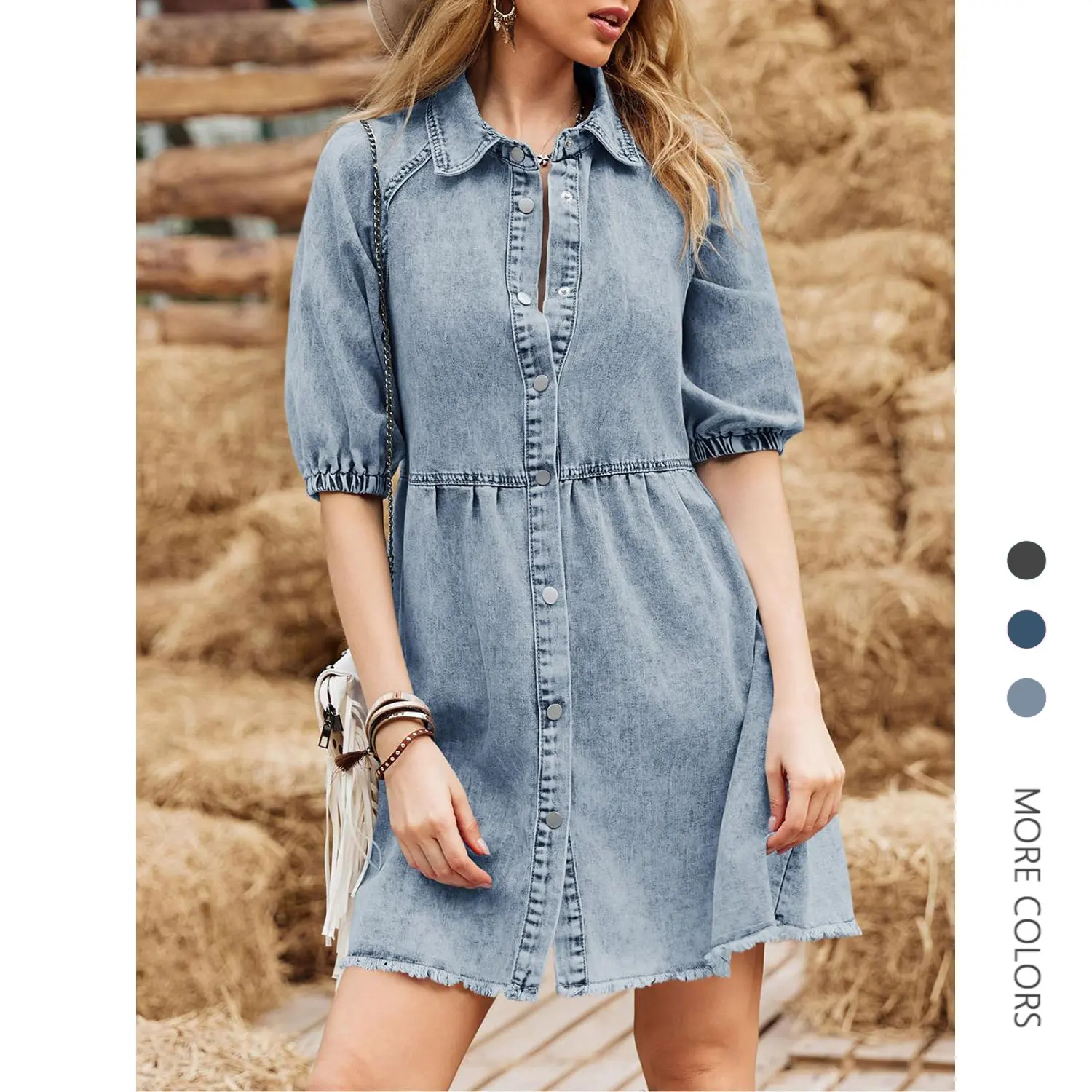 Danedvi Women's Denim Cotton Casual Dress - Collared, Button-Down, Half-Sleeve Puff Sleeves, Flowy Comfortable Fabric, Chic Summer Style Clothes