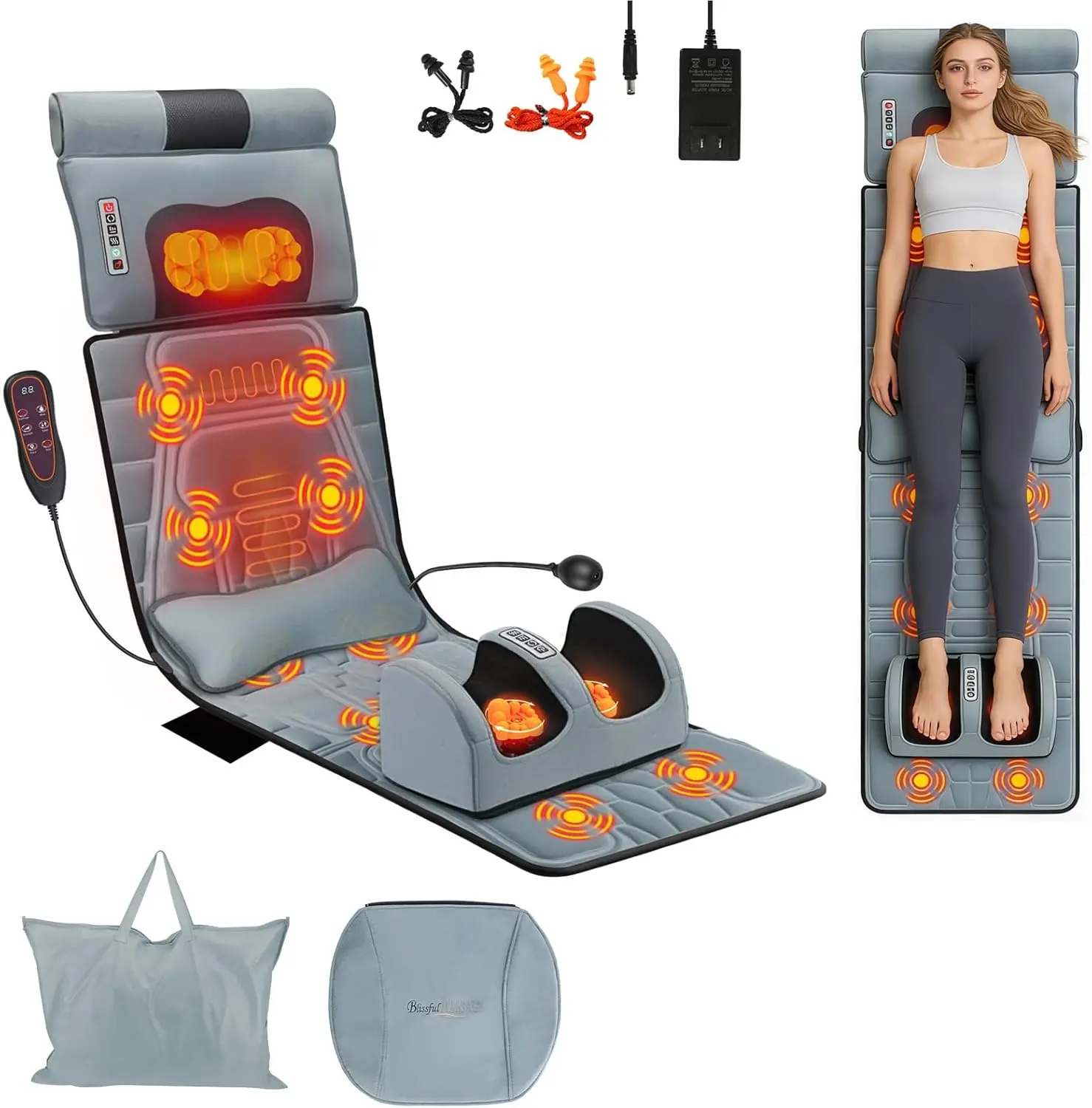 Full Body Massage Mat with Heat,12 Vibration Nodes Massage Chair Pad with 3 Heating Levels, Multifunctional Full Body Flannel Seat Back Massager with Head Lumbar Foot Massage Pillow for Home Office body massager Relief Adjustable Gift,  Relaxing Gifts