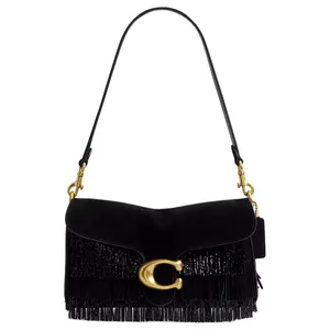 COACH Tabby 26 Medium Crystal Bead Fringe Suede Leather Crossbody Bag for Women in Black