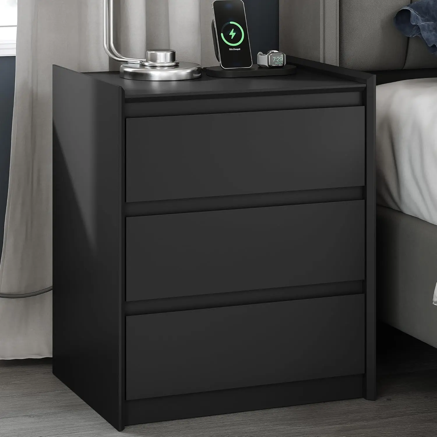 3-Drawer Black Nightstand 24" Tall  Modern Bedside Dresser with Built-In  Charging Station, USB/Type-C Ports & AC Outlets, Tray Top Organizer for  Bedroom, Living Room, Compact Functional Drawer Dresser - TikTok Shop