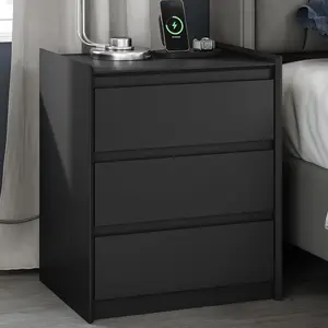 3-Drawer Black Nightstand 24" Tall – Modern Bedside Dresser with Built-In Charging Station, USB/Type-C Ports & AC Outlets, Tray Top Organizer for Bedroom, Living Room, Compact Functional Drawer Dresser