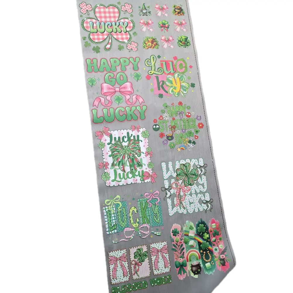 Pink Patty Day DTF Gang Sheet with Lucky Clover and Bow Designs for Festive Decor