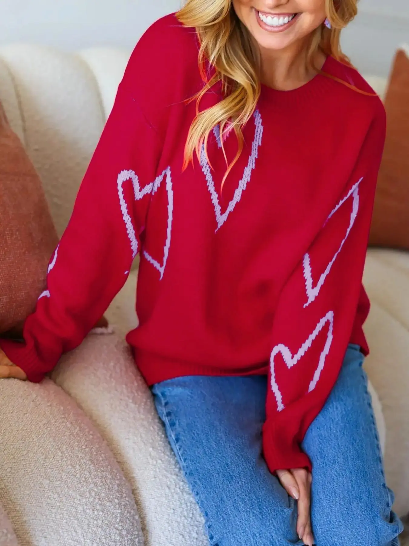Plus Size Heart Pattern Sweater, Red, Casual Long Sleeve Crew Neck Jumper for Daily Outdoor Wear, Women Plus Clothing for All Seasons