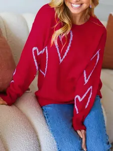 Plus Size Heart Pattern Sweater, Red, Casual Long Sleeve Crew Neck Jumper for Daily Outdoor Wear, Women Plus Clothing for All Seasons