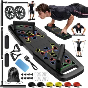 Push Up Board,Home Gym,Portable Exercise Equipment,Pilates Bar and 20 Fitness Accessories with Resistance Bands and Ab Roller Wheel,Full Body Workout at Home