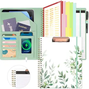 Clipboard with Storage, Leather Padfolio Portfolio Organizer 5 Folders with 10 Pockets, Spiral Clipboard Folio with Notepad for Letter Size, Elastic Closure and Pen Loop Green