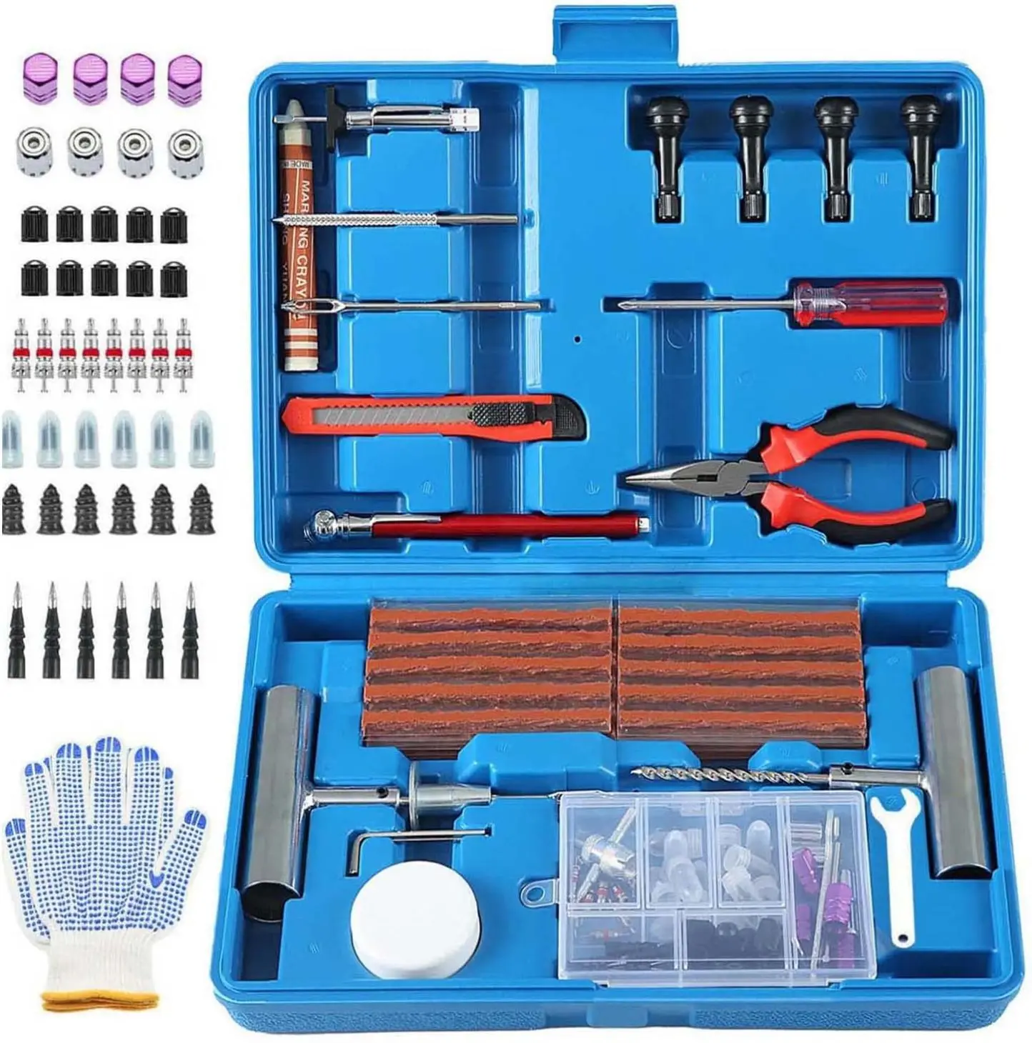 117-Piece Durable Heavy Duty Repair Kit - Tire Plugs, Labor-Saving Solid Steel Tools, Universal Fit, Pressure Gauge for A3, ATV, Motorcycle, Car, Truck Owners