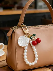 Sweet Alloy Cherry Pearl Shell Bag Charm, Phone Accessory, Elegant Design, Perfect for Bags and Phones, Unique Jewelry Piece