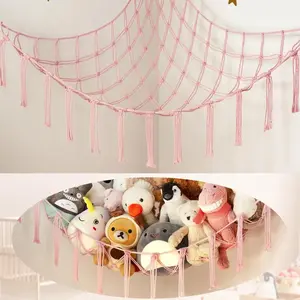 Premium Boho Plush Toy Hammock, Large Hanging Stuffed Animal Storage Net, Macrame Toy Net Organizer for Kids Nursery, Playroom Corner Storage Holder, Cute Wall Hanging Decor for Bedroom, Aesthetic Room Decor Accessories with Hooks Included, Space Saving
