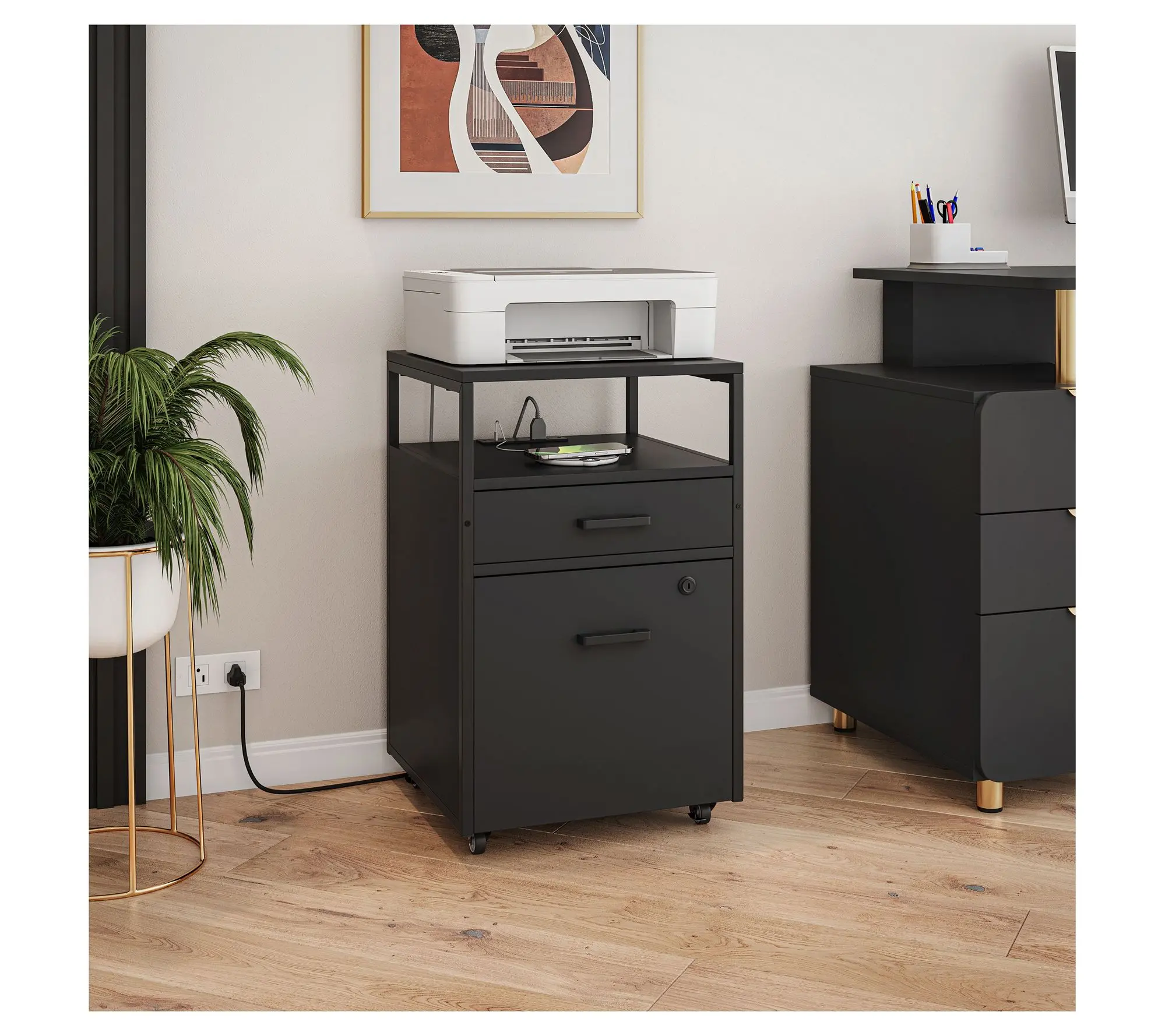 Techni Mobili Rolling 2-Drawer File Cabinet with USB Ports