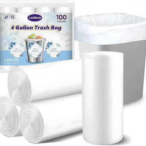 Disposable Trash Bags (Trashbags) - 4-Gallon Unscented, Fragrance-Free, Durable, Extra Strong, Non-Toxic White Small Liners, 100 Count for Bathroom, Kitchen Disposal & Stainless Steel Bins, Eco-Friendly