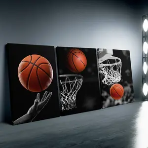 Basketball Themed 3-Piece Canvas Wall Art Set - Art Deco Classic Modern Style, Pine Wood Frame, Canvas Print Wall Hanging Decor for Classroom, Home Office, Bathroom, Living Room, Bedroom