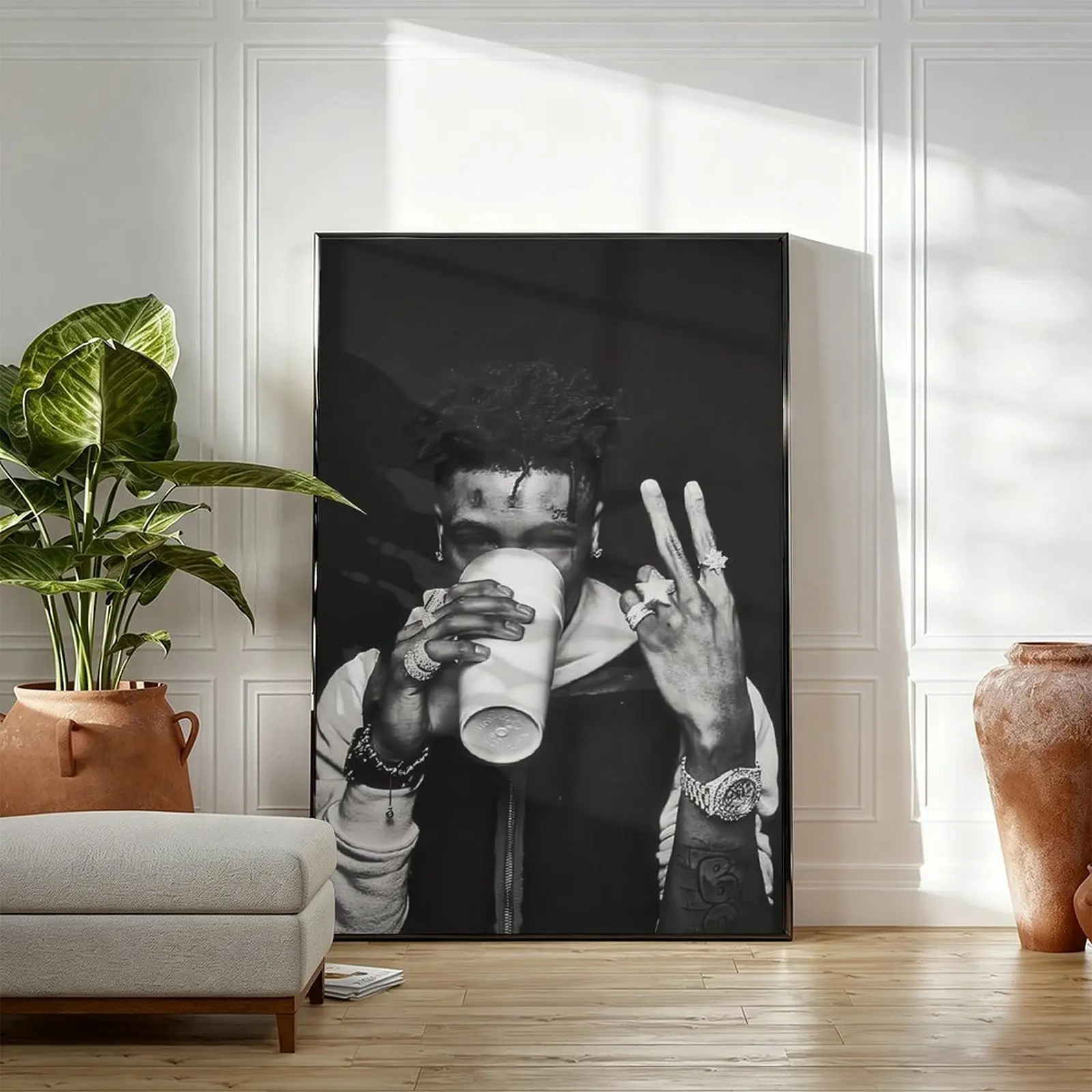 Vintage Music Poster Retro Poster Rapper Poster  Room Decorative Black & White Urban Drip Style Portrait with Iced Jewelry for Man Cave & Studio Decor
