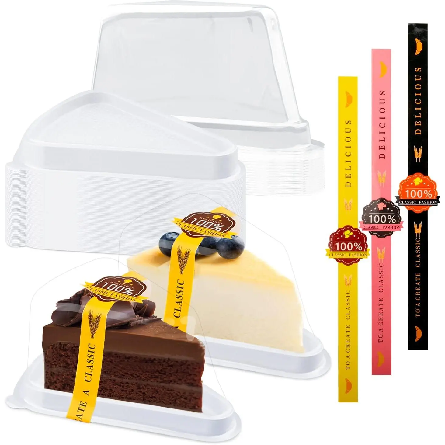 50 Pack Cake Slice Containers, Clear Plastic Cake Containers Disposable Cheesecake Containers Individual Cake Pie Slice Boxes with Lids for Small Pies Snack Dessert - Bonus 50 Pcs Stickers (White)