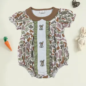 Fashion Baby Girls Rompers Embroidery Camo Rabbit Easter Collar Ruffle Rompers kids holiday outfits