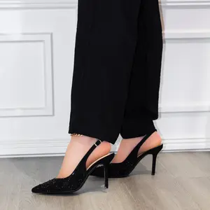 Bliss - Comfort Insole Pointed Toe Slingback Rhinestone Pumps, Elegant Black Stiletto Heels with Sparkling Crystal Detail, Comfortable 3.5 Inch Heel Dress Shoes for Party, Wedding & Evening Wear